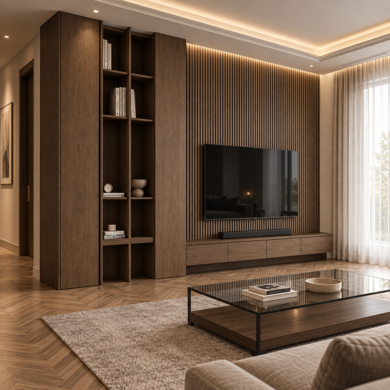 Lüks Salon TV Ünitesi | Doğal Ahşap Panel ve Gizli Ledli TV Ünitesi