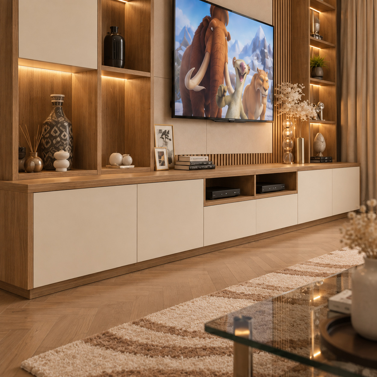 Modern TV Ünitesi Modelleri | Doğal Meşe Kitaplık Lüks Salon TV Ünitesi