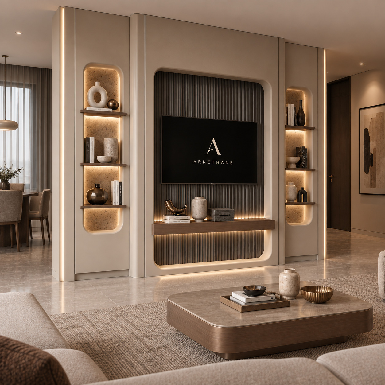 Kavisli Niş Kitaplıklı TV Ünitesi | Antrasit Çıtalı TV Ünitesi