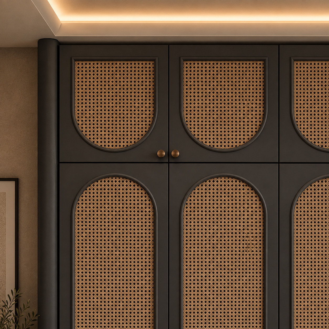 Japandi Bedroom Wardrobe | Woven Rattan Doors