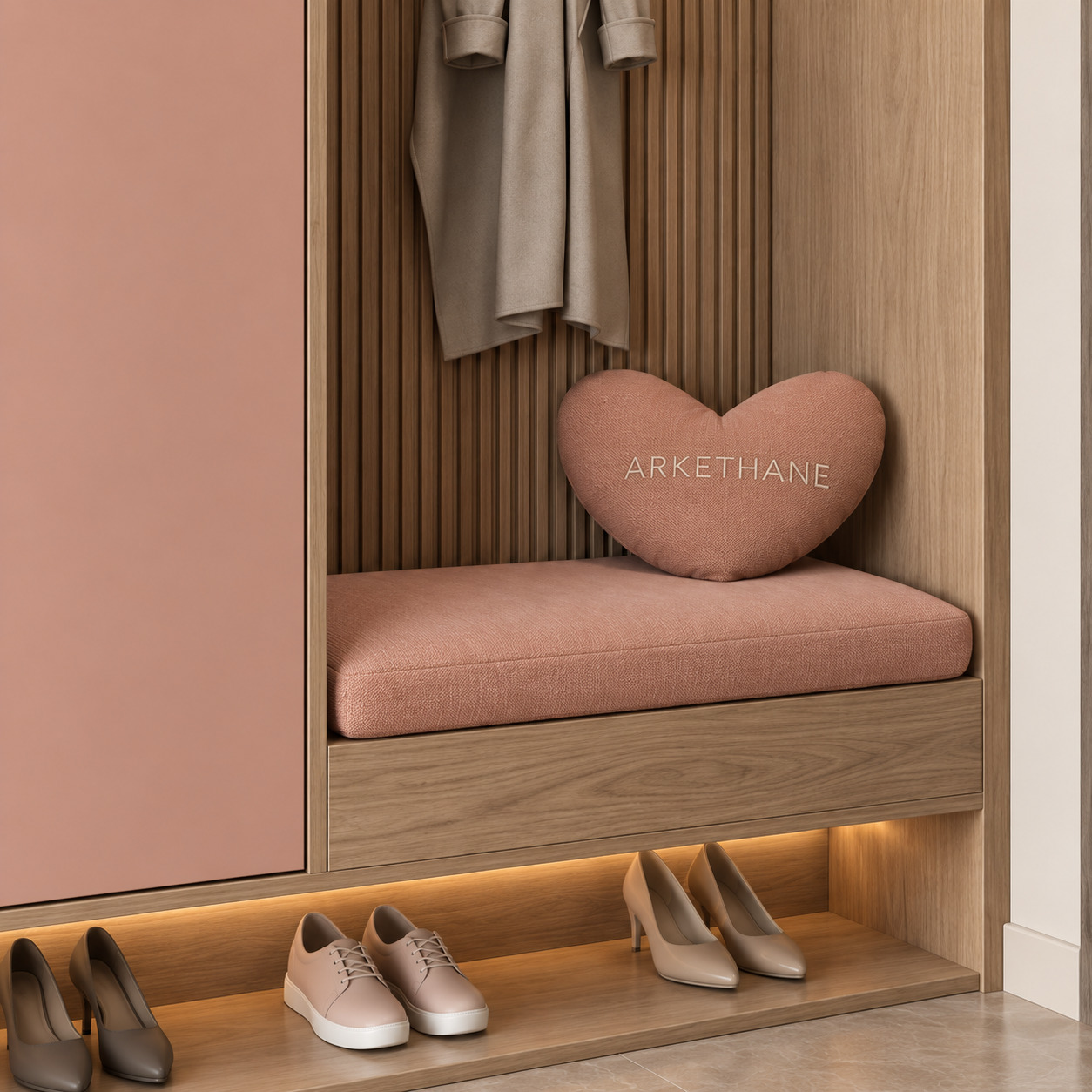 Luxury Hallway Wardrobe in Matt Blush/Dusty-Rose Lacquer and Oak
