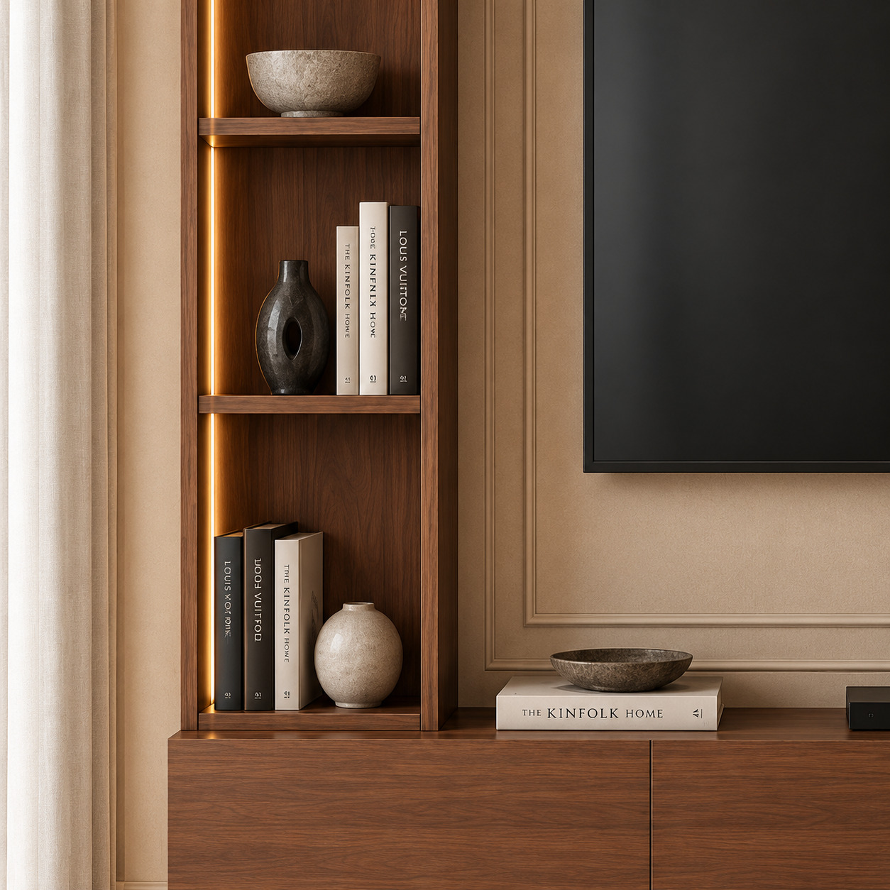 Ahşap Kitaplıklı TV Ünitesi | Bej Lake Çıtalı TV Ünitesi