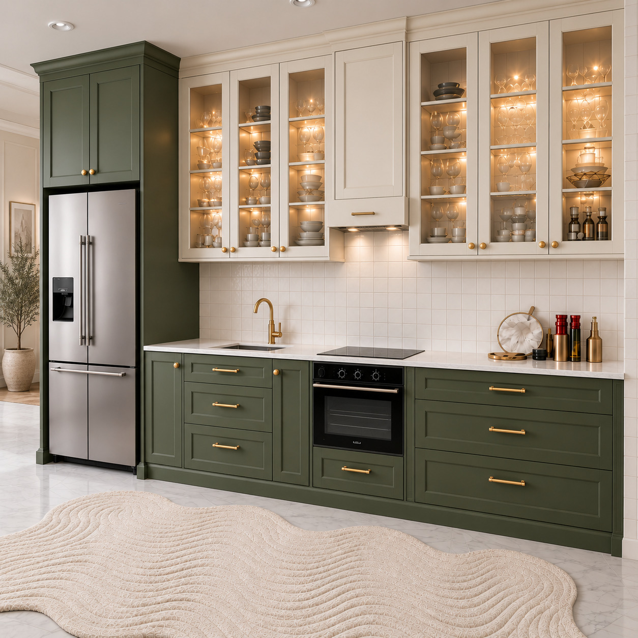 Country Kitchen with Olive-Green Shaker Doors and Cream Glass Display Cabinets