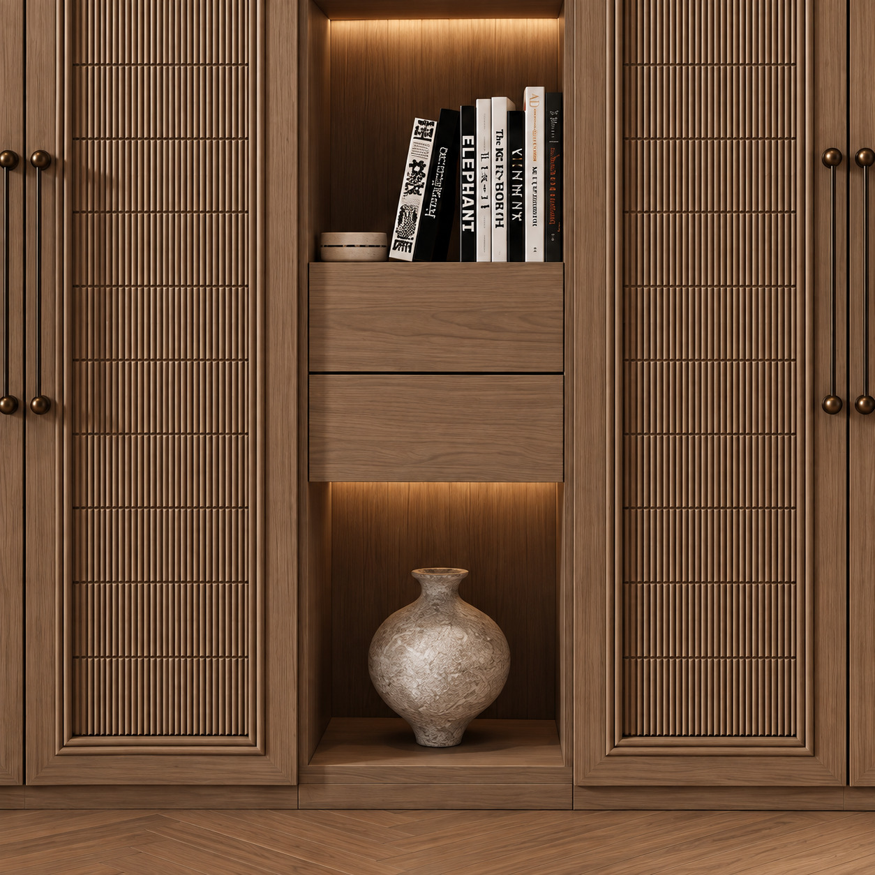 Japandi Timber Wardrobe Design | Glass Display Storage