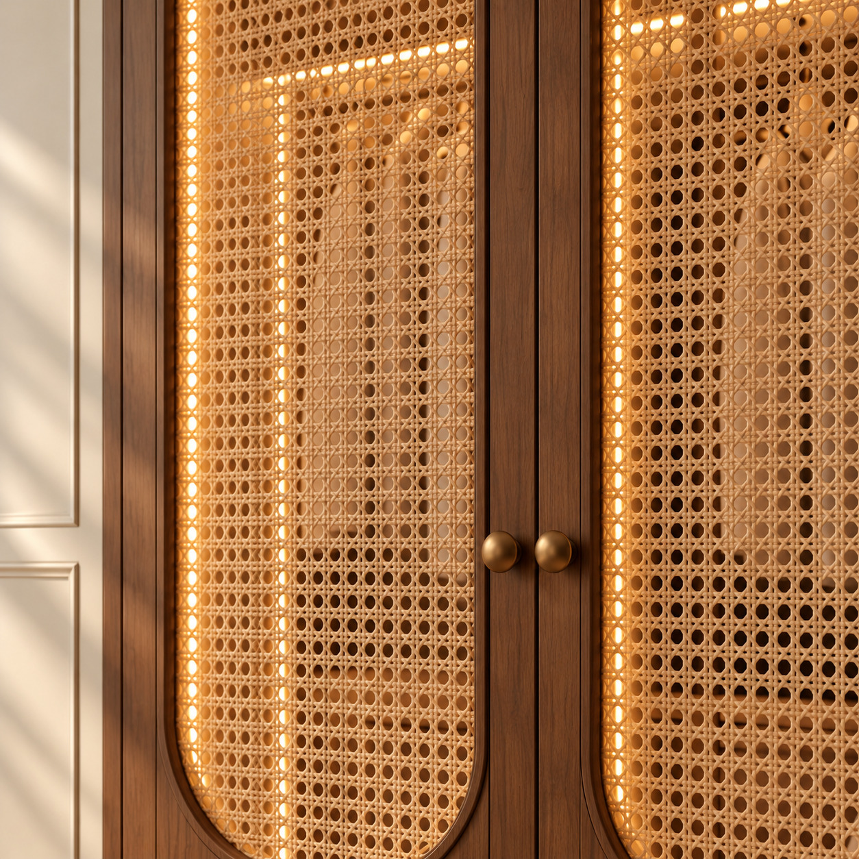 Woven Cane Wardrobe Design | Off-White Lacquer and Natural Timber
