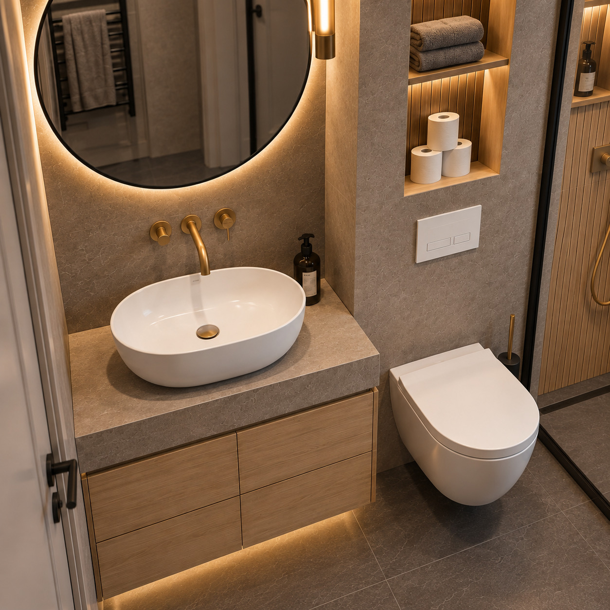 Doğal Meşe Lambrili ve Özel İmalat Banyo