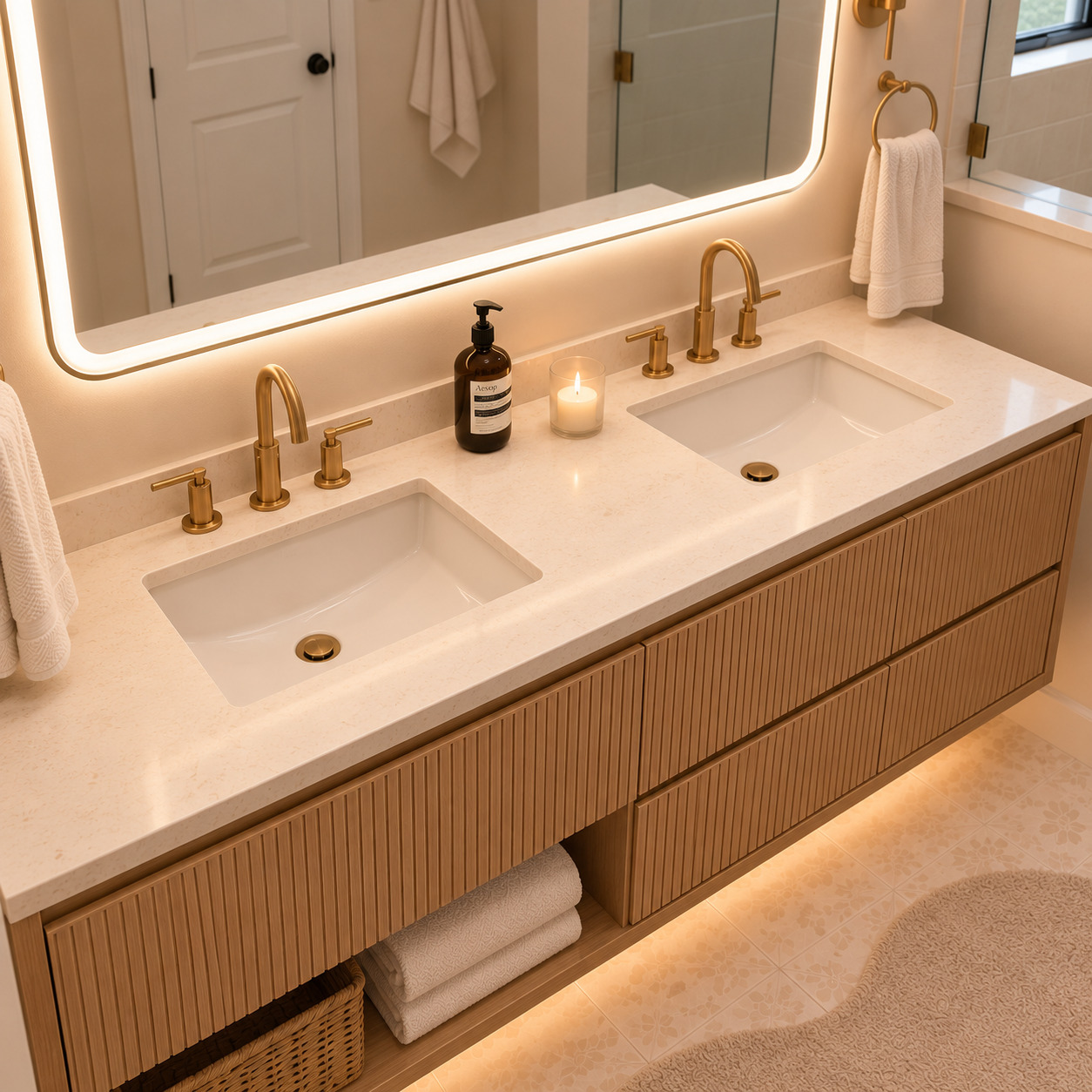 Modern Villa Bathroom | Vanity with Open Towel Shelves