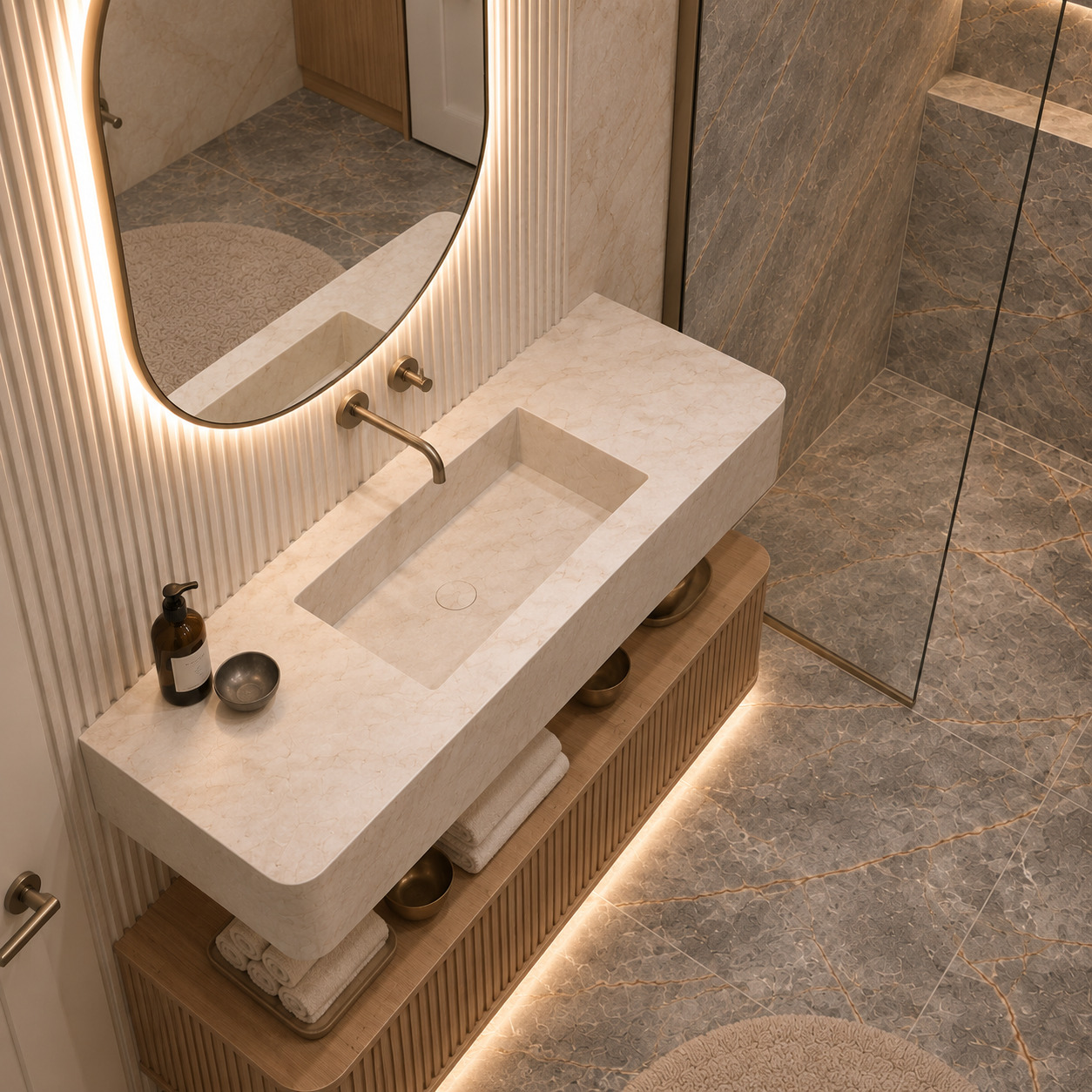 Doğal Meşe ve Mermer Dokulu Modern Banyo