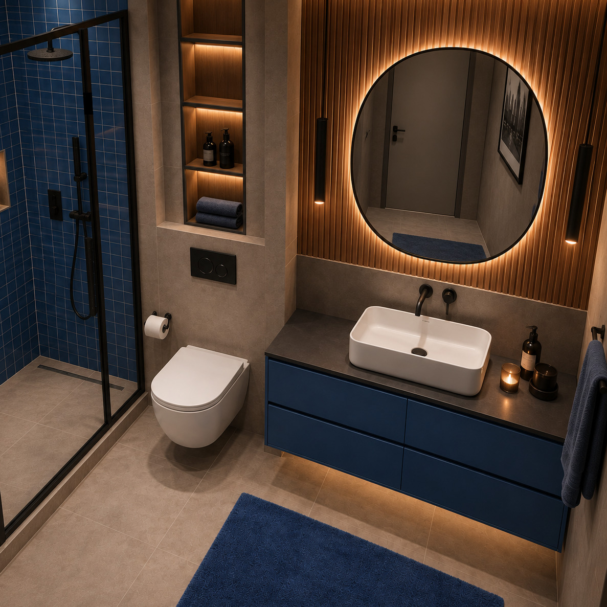 Kobalt Mavi & Ahşap Banyo