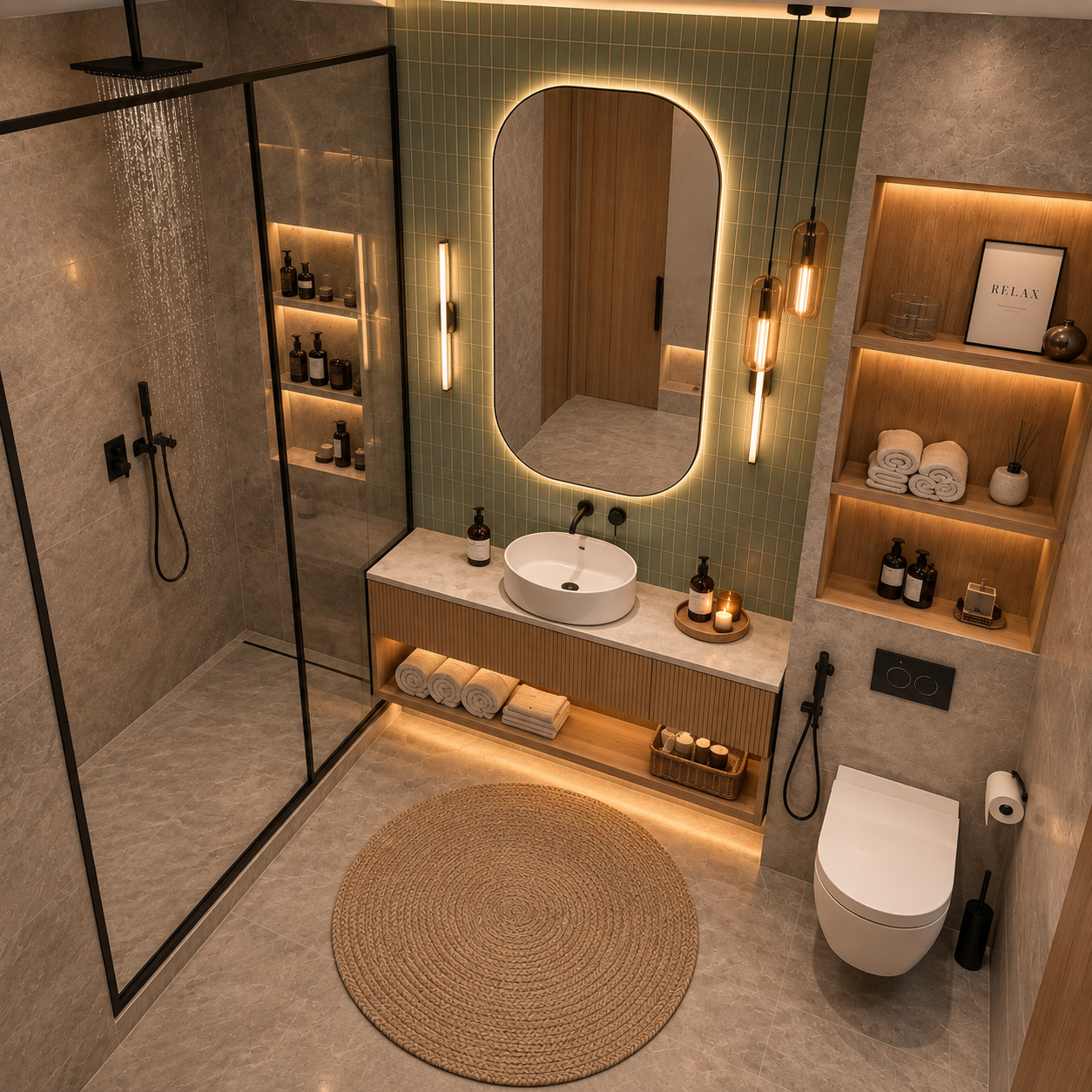 İskandinav Tarzı Ahşap Lavabo Dolaplı Banyo