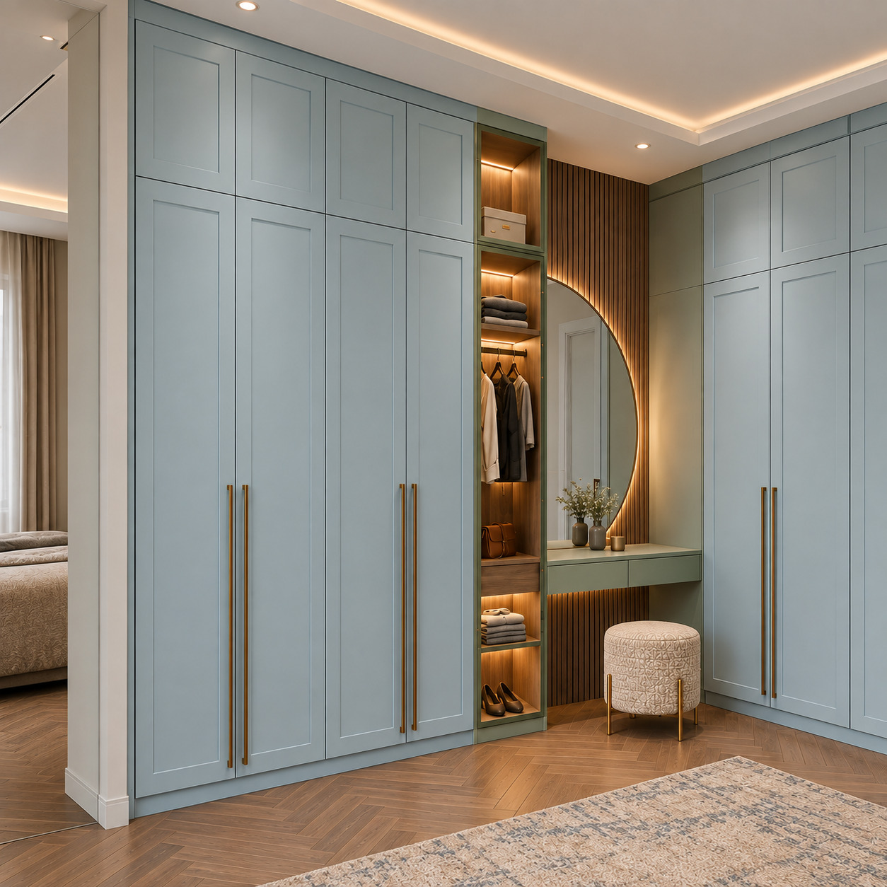 Wardrobe with Dressing Table | Powder-Blue Moulded Lacquer and Illuminated Oval Mirror