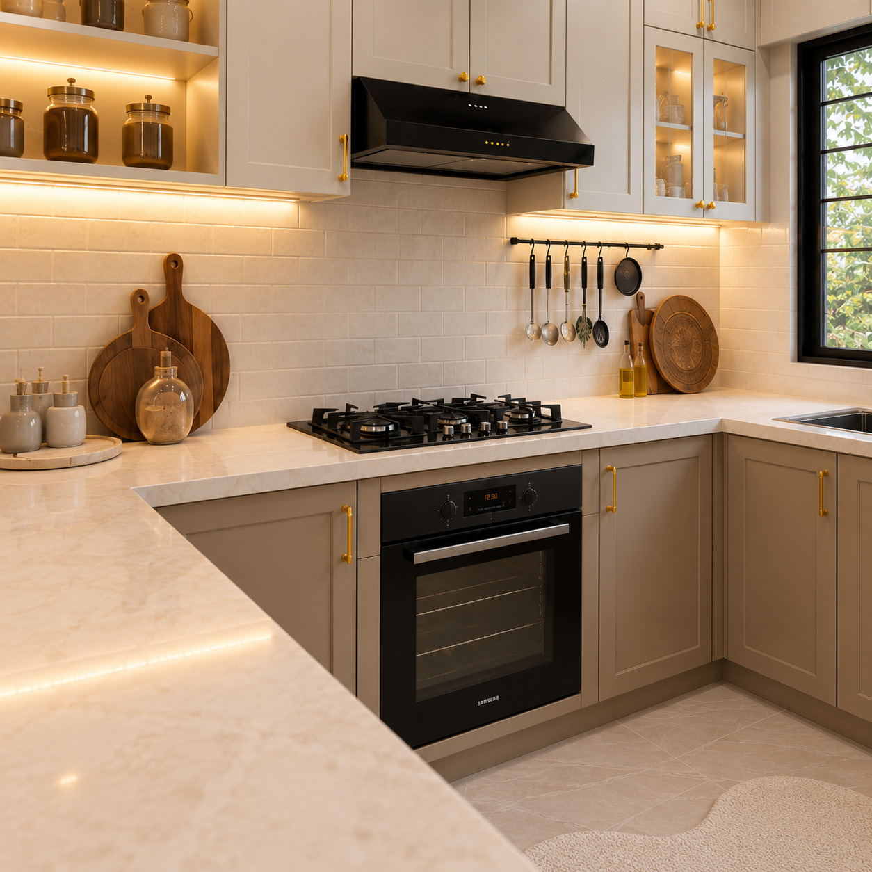 Modern U-Shaped Kitchen with Cashmere-Grey Shaker Doors and a Slatted Peninsula