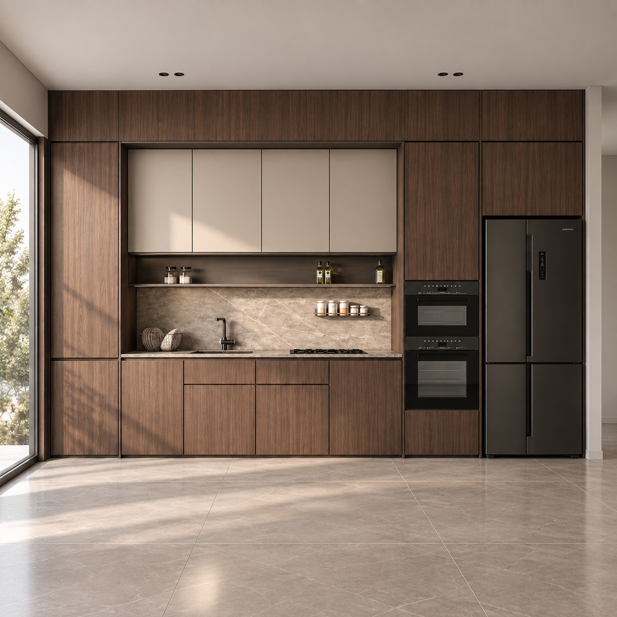 Walnut Veneer and Beige Lacquer Single-Wall Kitchen