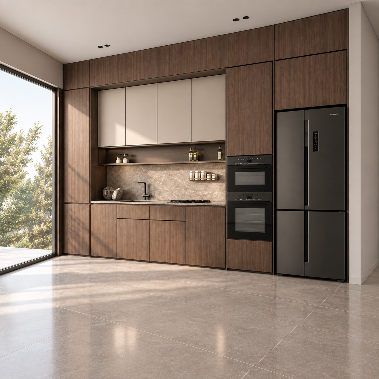 Walnut Veneer and Beige Lacquer Single-Wall Kitchen
