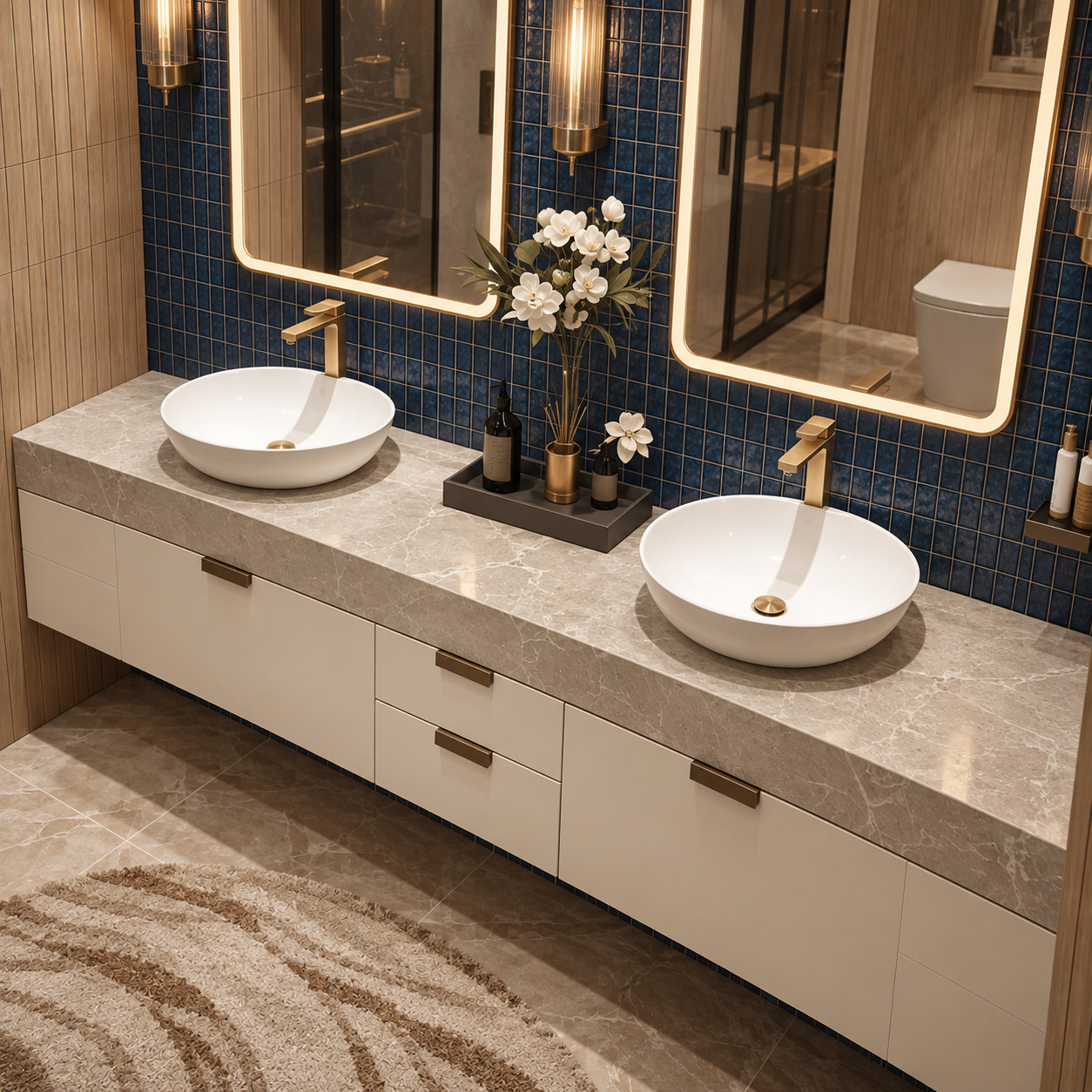 Mozaikli Banyo Modelleri | Çift Lavabolu Lüks Banyo Dolabı