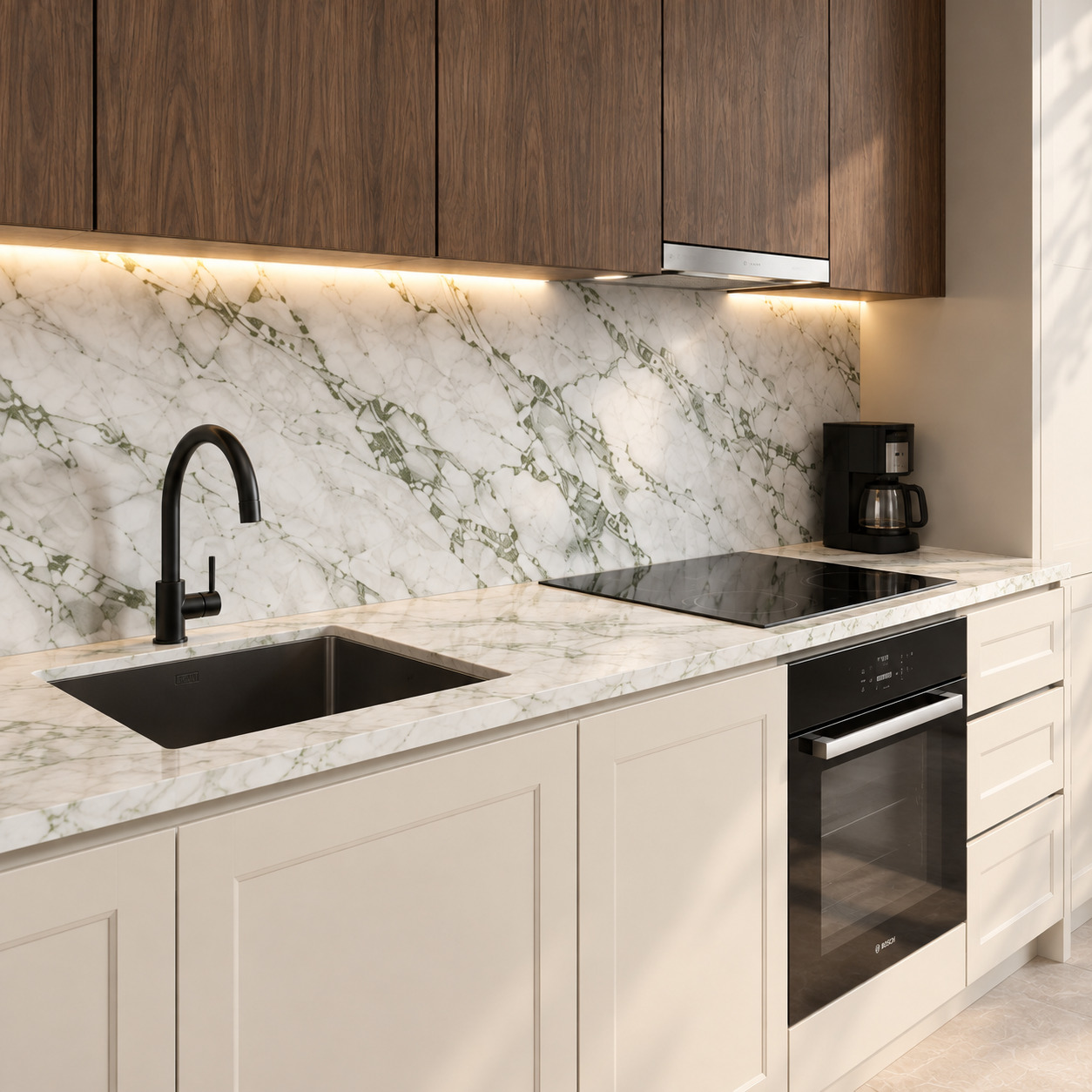 Çift Kademe Ahşap Dolaplı ve Bej Lake Modern Açık Mutfak