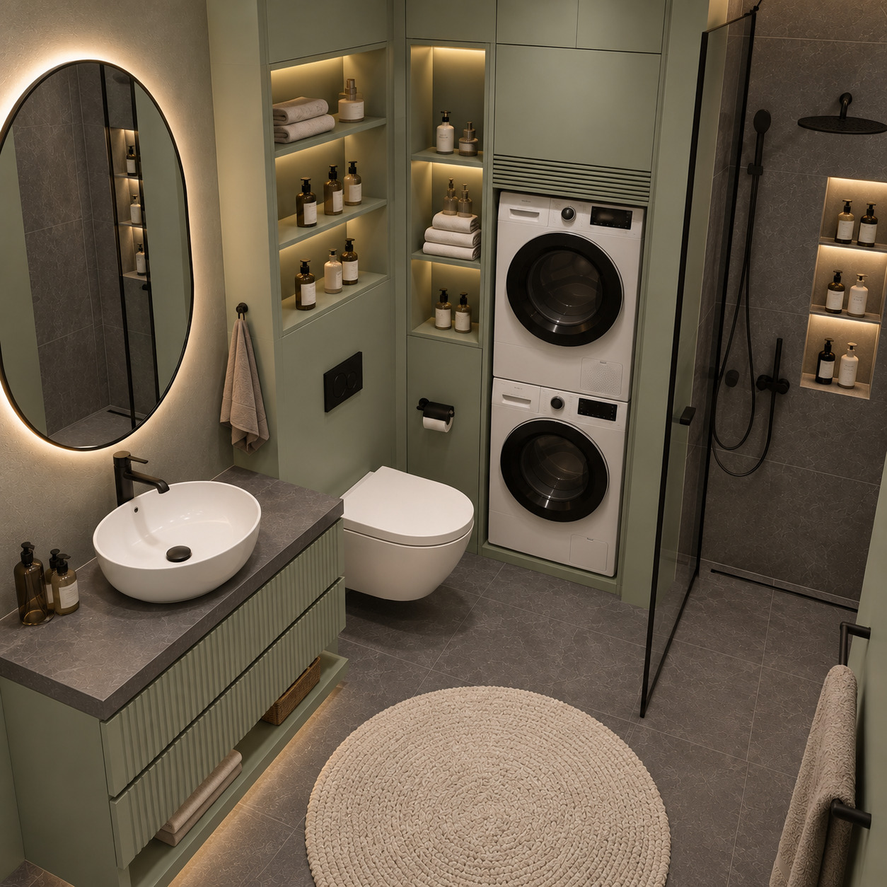Spa Bathroom with a Vessel Basin and Laundry Cabinet