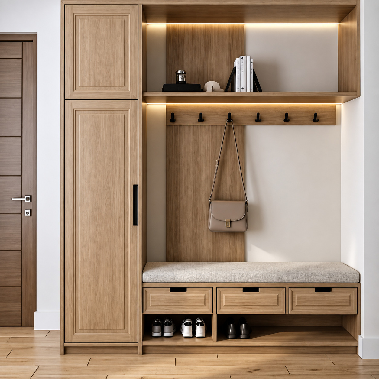 Modern Entrance Wardrobe with Natural Oak Framed Doors and Open Shelving
