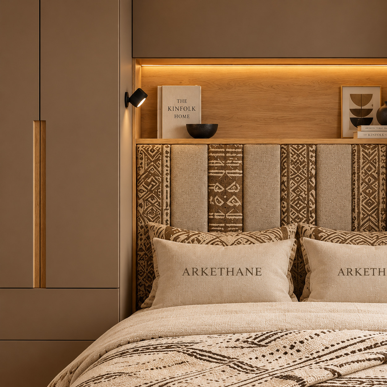 Over-Bed Wardrobe Solutions | Aztec Fabric Headboard and Overhead Storage