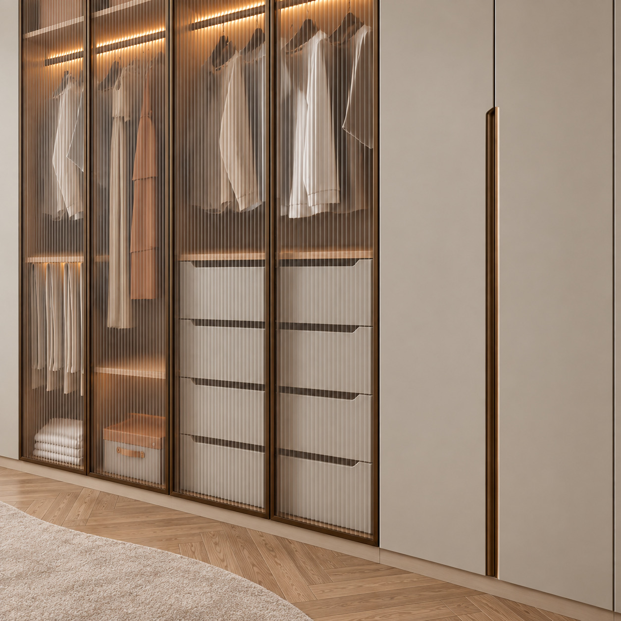 Fluted-Glass Wardrobe Designs | Illuminated Clothing Display and Integrated Drawers