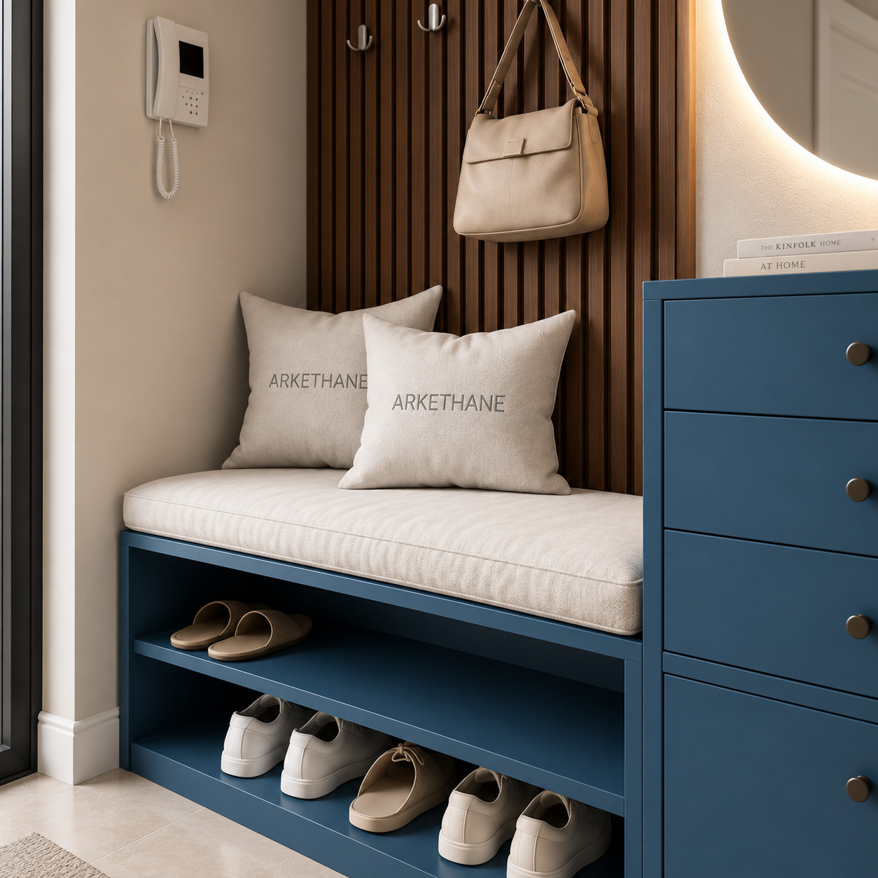 Modern Hallway Unit with Indigo Lacquered Drawers and Dark Walnut