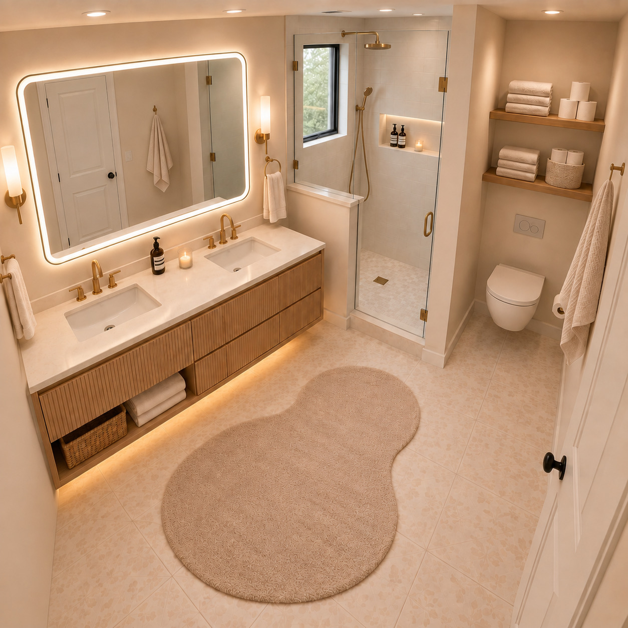 Modern Villa Bathroom | Vanity with Open Towel Shelves