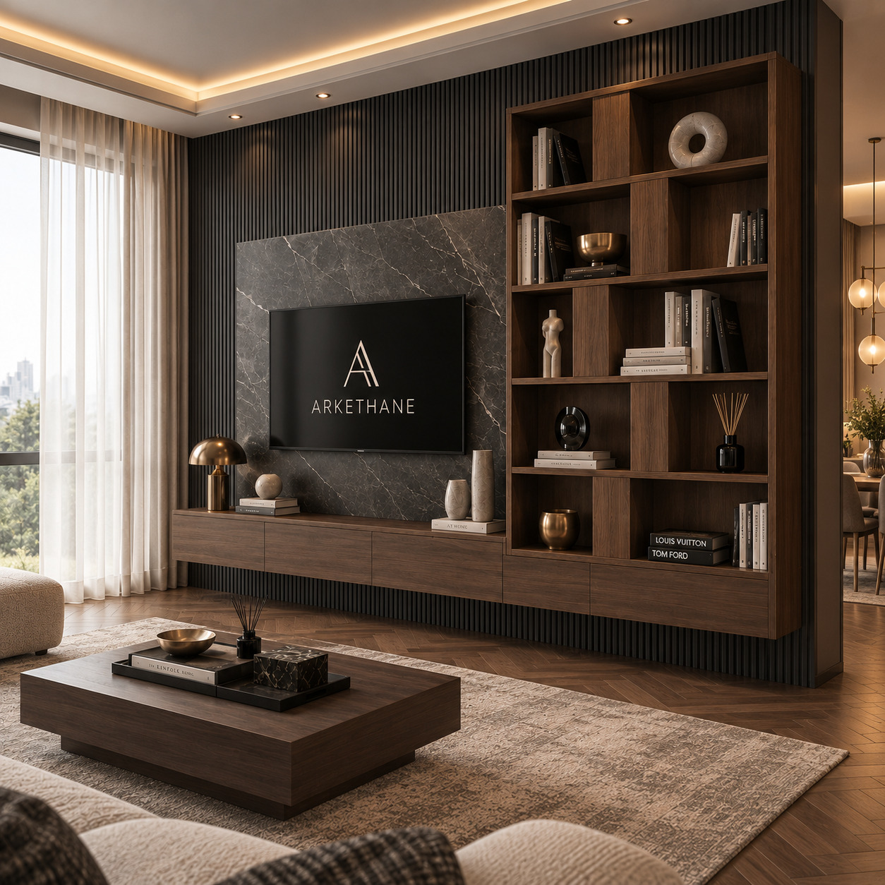 Özel Tasarım Porselen TV Ünitesi | Ahşap Panelli ve Raflı TV Ünitesi