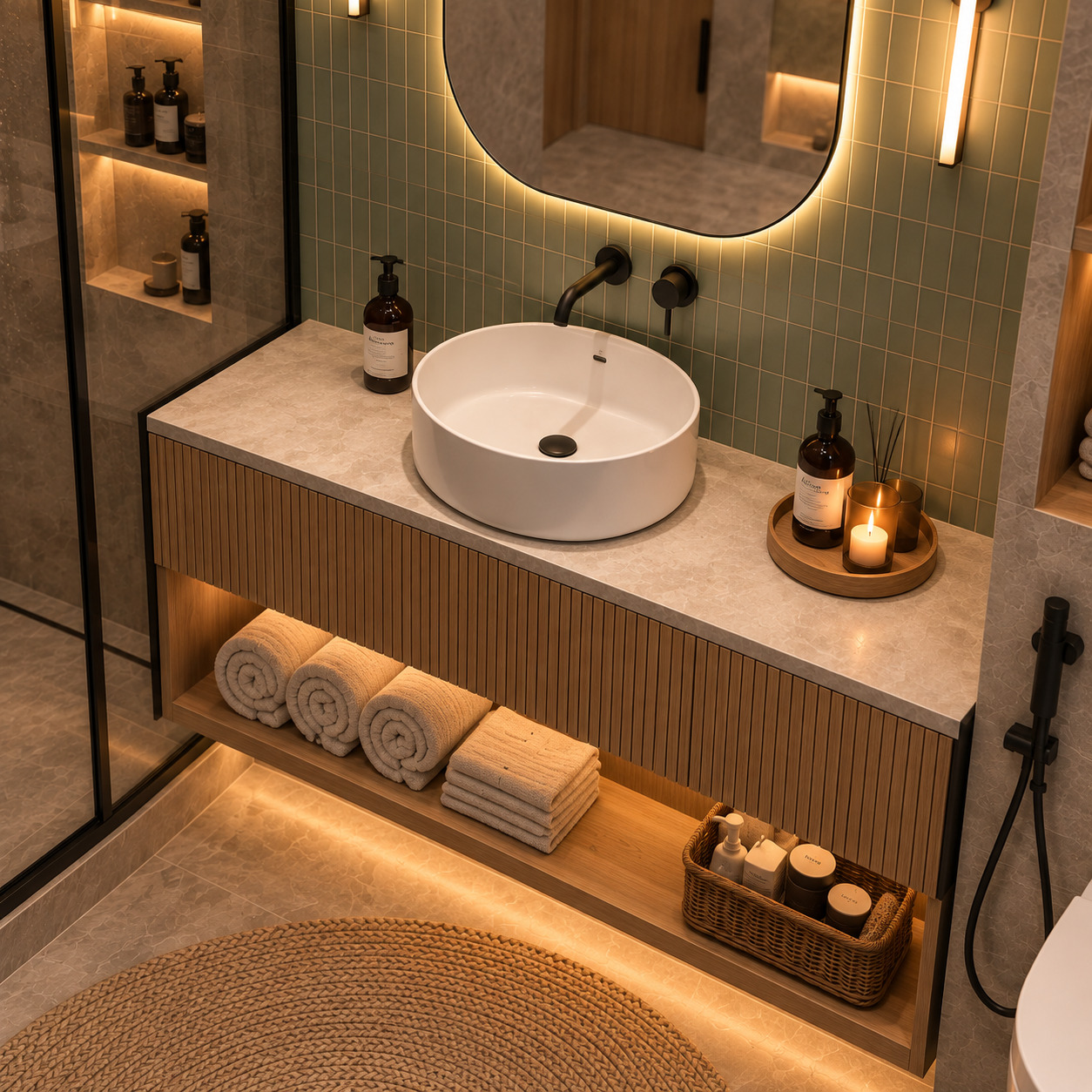 İskandinav Tarzı Ahşap Lavabo Dolaplı Banyo