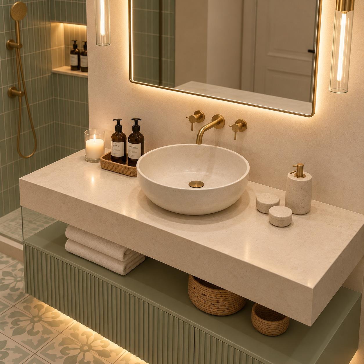 Akdeniz Tarzı Spa Banyo | Desenli Zemin Karosu ve Çanak Lavabo