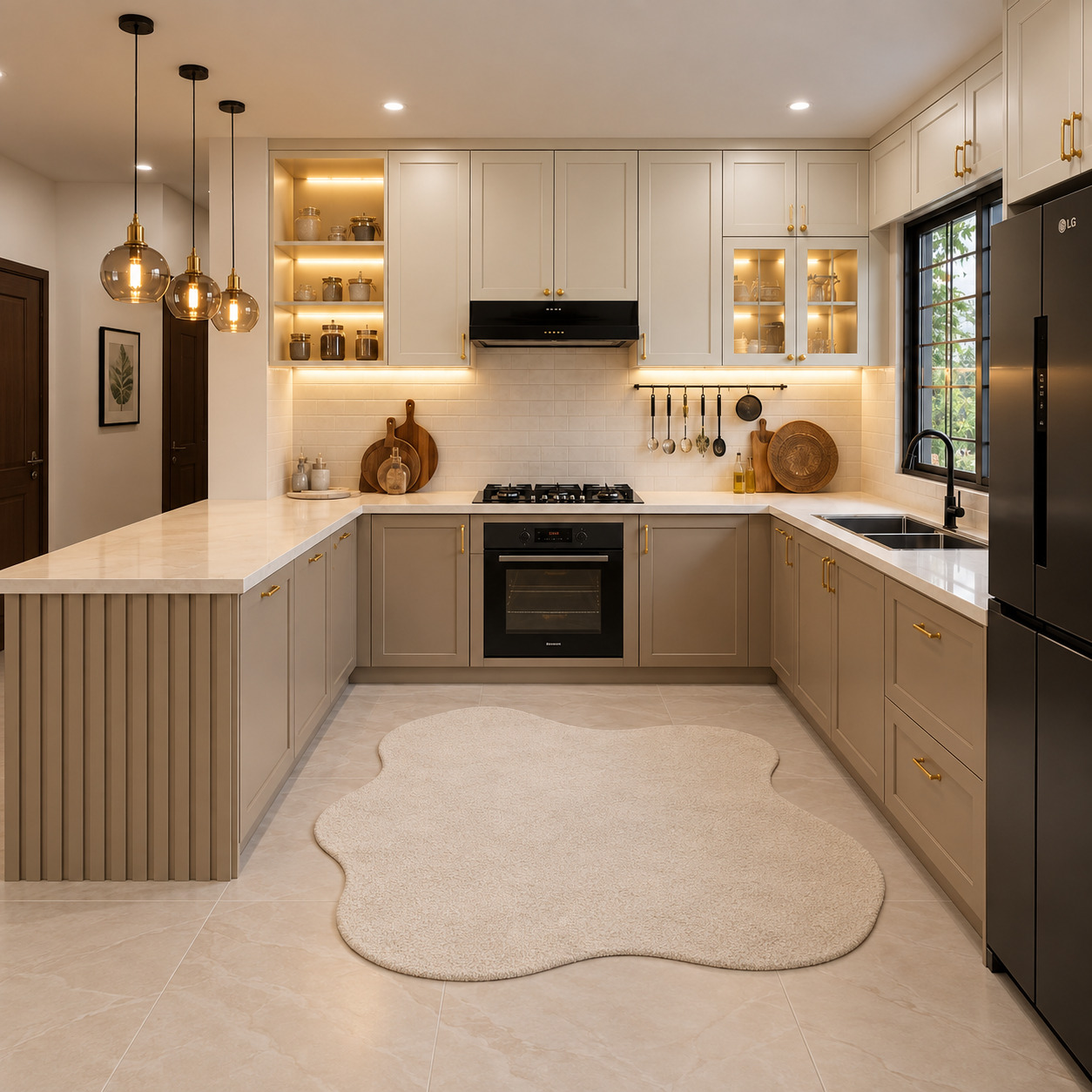 Modern U-Shaped Kitchen with Cashmere-Grey Shaker Doors and a Slatted Peninsula
