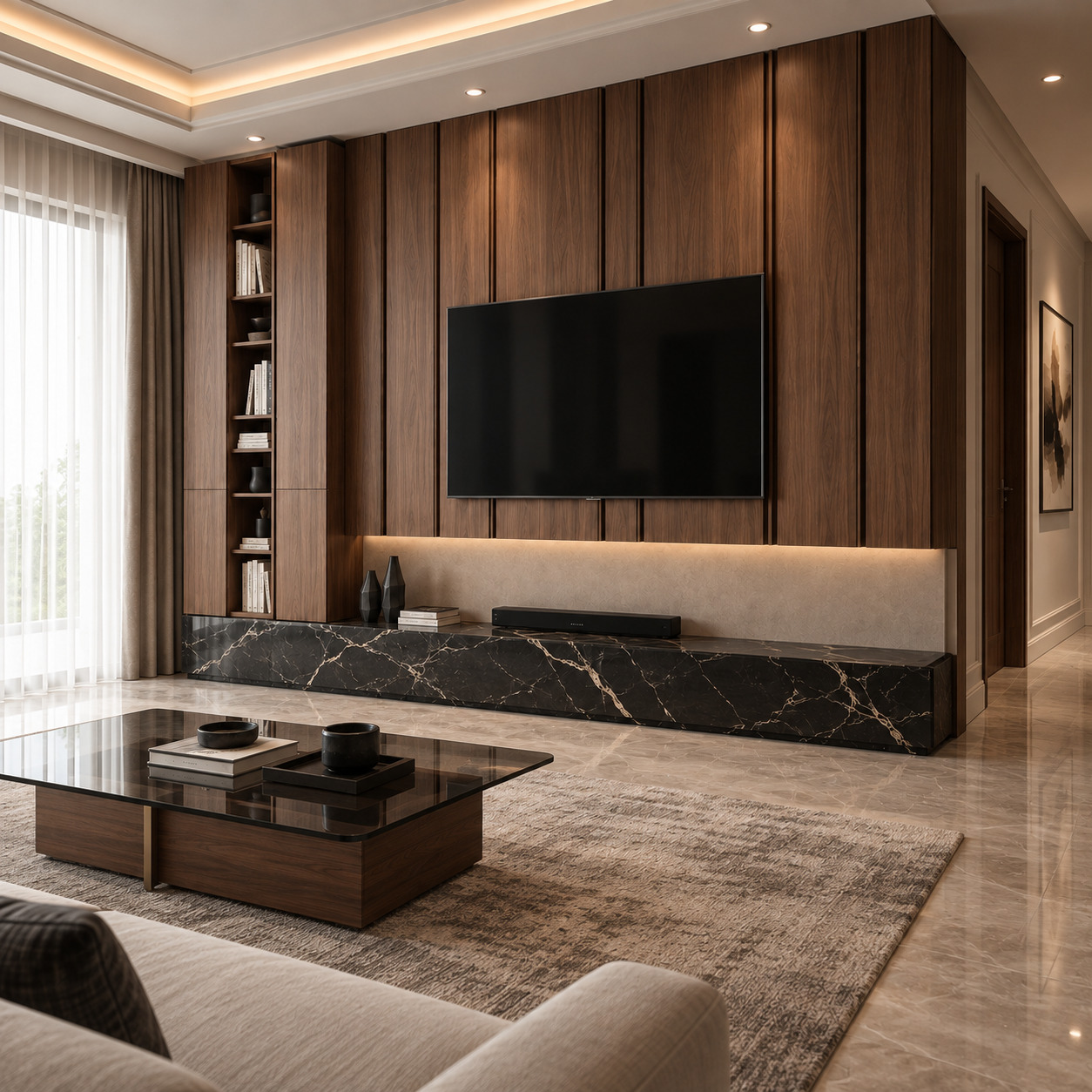 Kitaplıklı TV Ünitesi | Siyah Portoro Mermer ve Masif Ahşap TV Ünitesi