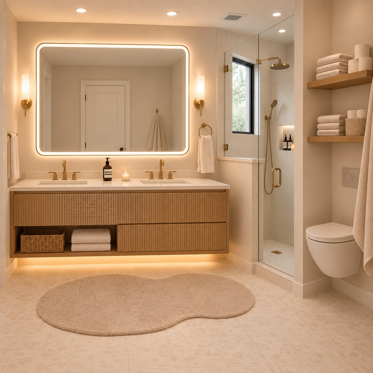Modern Villa Bathroom | Vanity with Open Towel Shelves