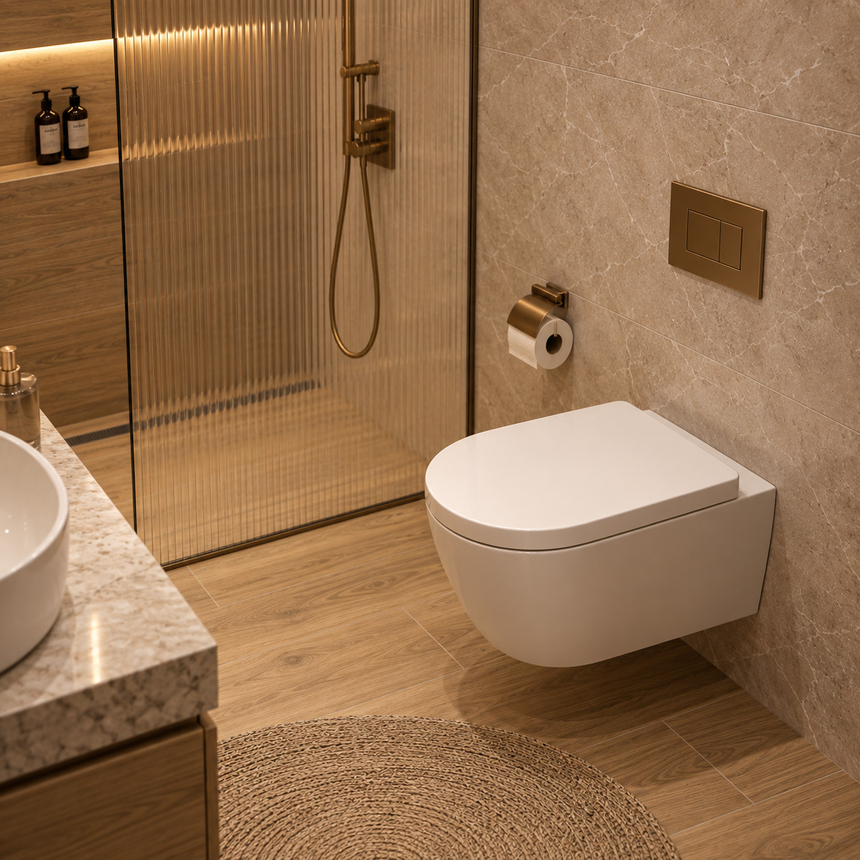 Japandi Banyo | Doğal Meşe Konsol ve Nervür Cam Duşakabin