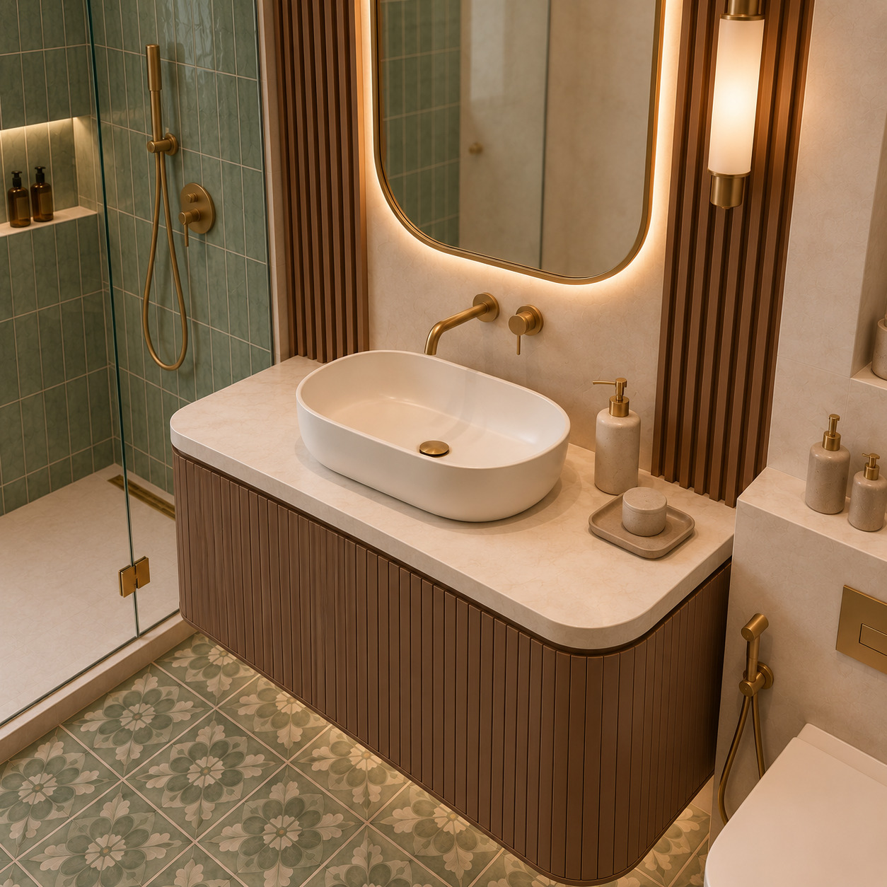 Akdeniz Dokulu Yeşil Çinili ve Ahşap Lavabolu Banyo