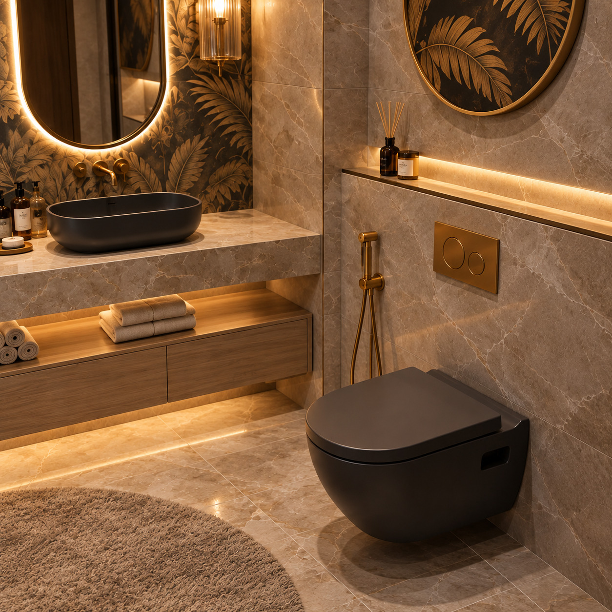 Botanik Duvar Kağıtlı Banyo Modeli | Çift Çanak Lavabo