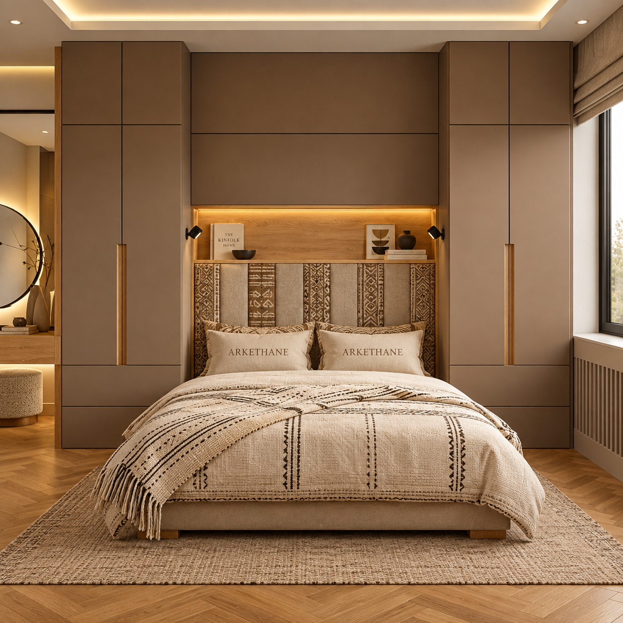 Over-Bed Wardrobe Solutions | Aztec Fabric Headboard and Overhead Storage
