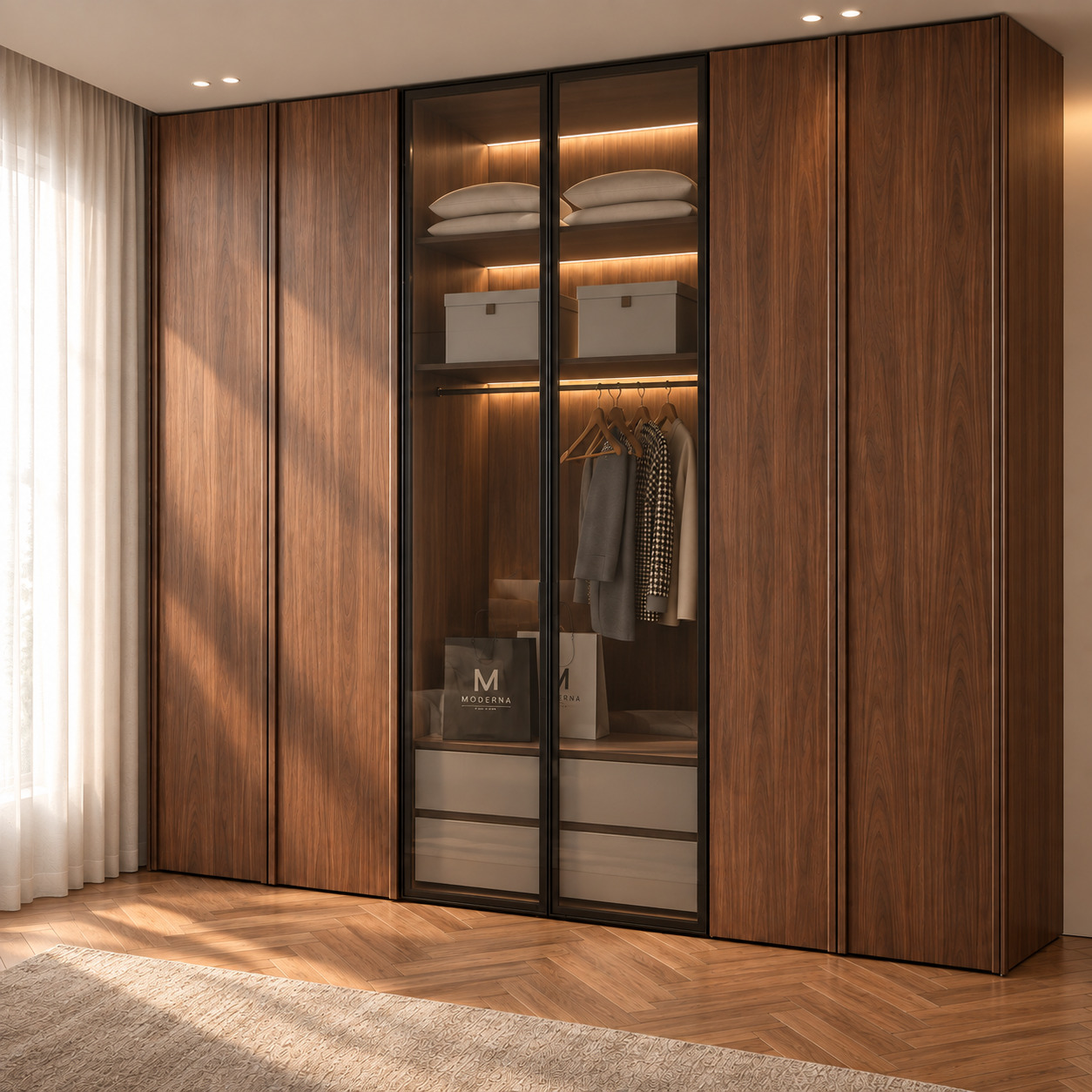 American Walnut-Veneered Wardrobe | Glass Display Storage for the Principal Bedroom
