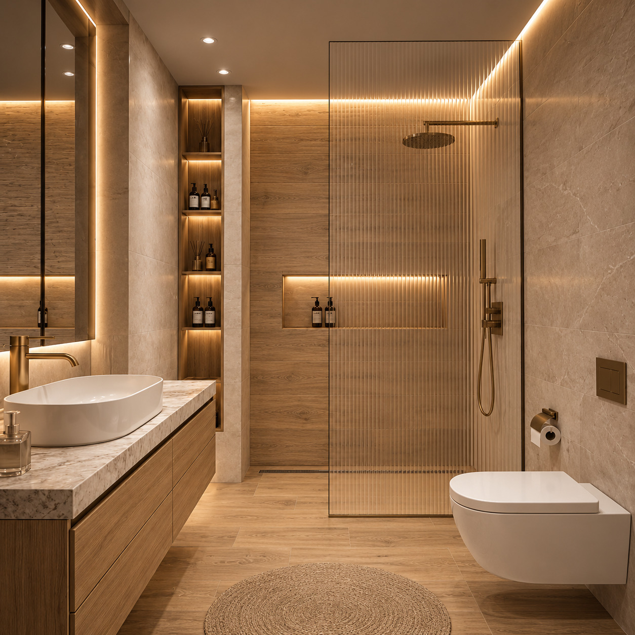 Japandi Bathroom | Natural Oak Vanity and Fluted-Glass Shower Screen