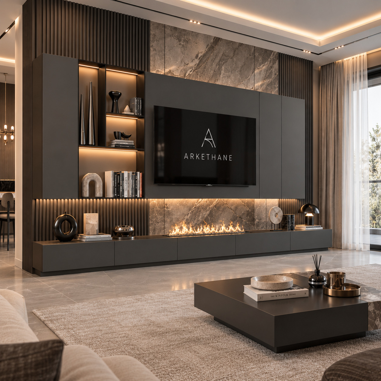 Antrasit Lake TV Ünitesi | Biyoetanol Şömineli ve Asma TV Ünitesi