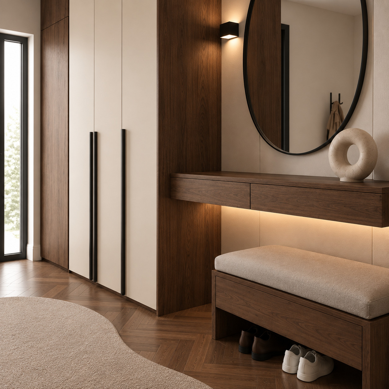 Modern Hallway Wardrobe with Dark Walnut and a Silk-Matt Cream Lacquered Console