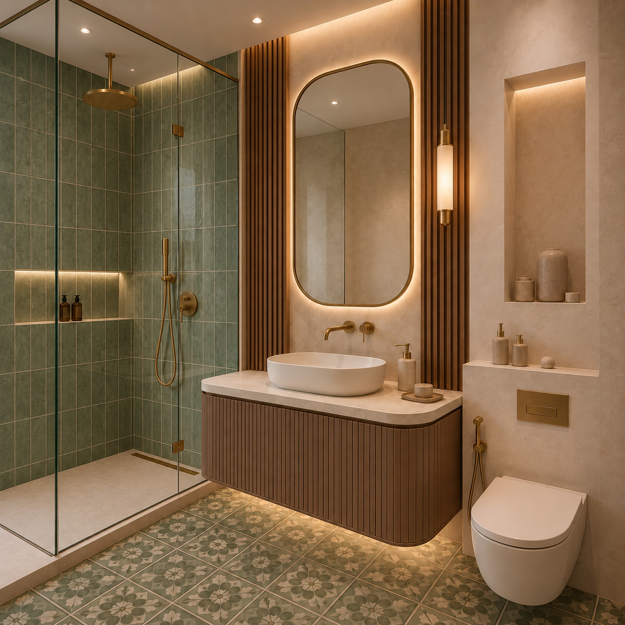 Akdeniz Dokulu Yeşil Çinili ve Ahşap Lavabolu Banyo