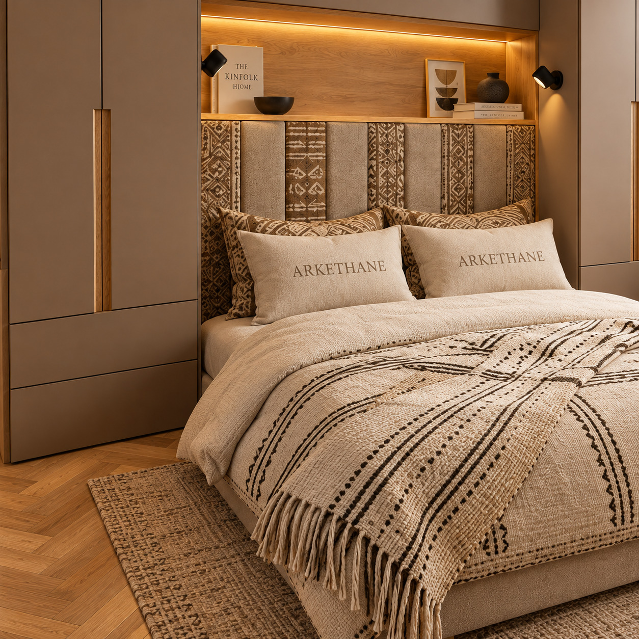 Over-Bed Wardrobe Solutions | Aztec Fabric Headboard and Overhead Storage