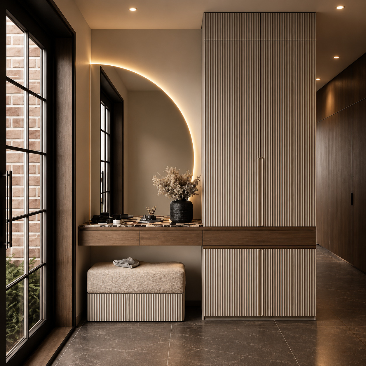 Greige Lacquered Hallway Wardrobe with a Dark-Walnut Band