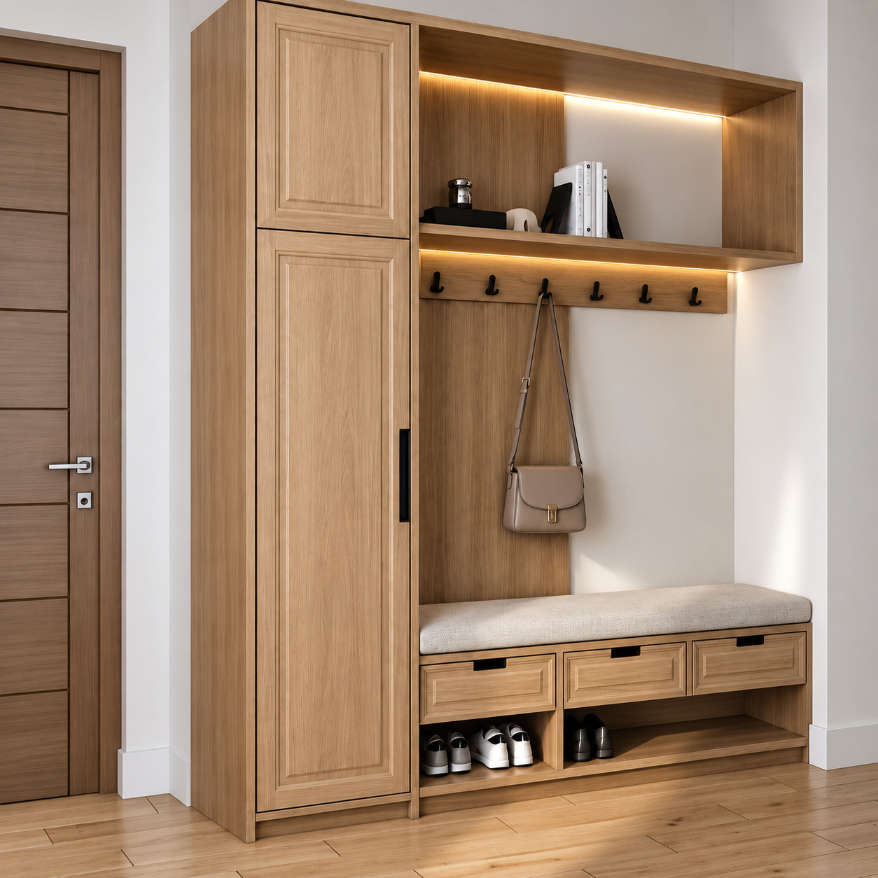 Doğal Meşe Çerçeve Kapaklı ve Açık Raflı Modern Giriş Portmanto