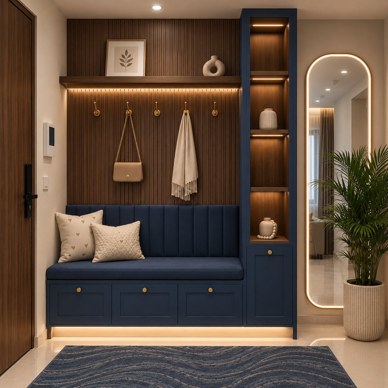 Entrance Storage with Vertical Timber Slats and Open Shelves