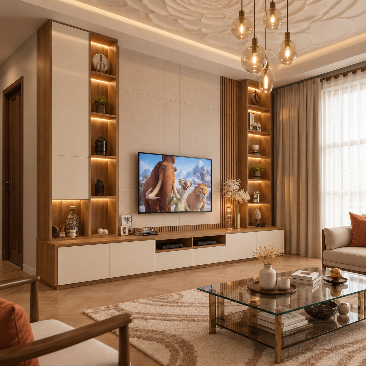 Modern TV Ünitesi Modelleri | Doğal Meşe Kitaplık Lüks Salon TV Ünitesi