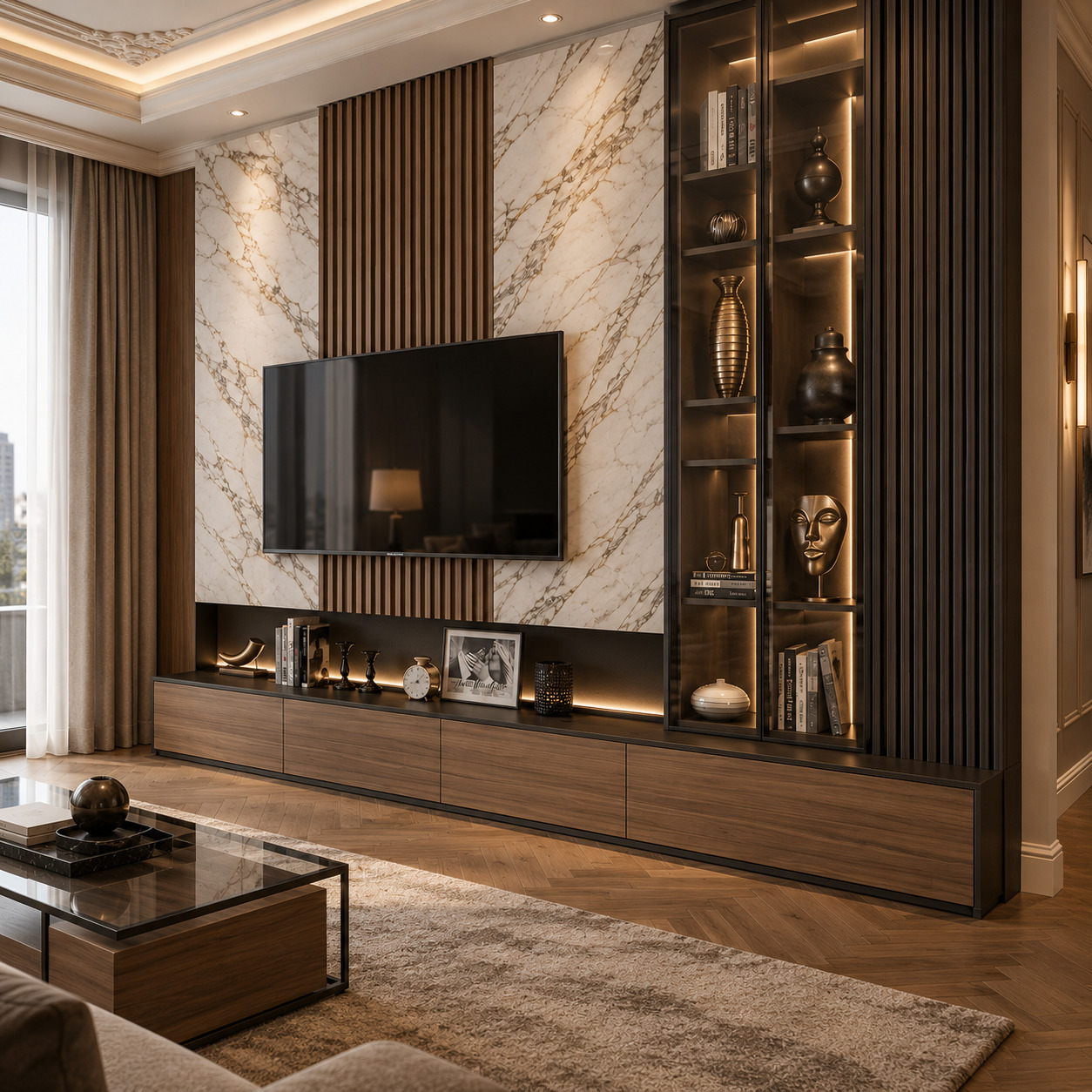 Lüks Salon TV Ünitesi | Doğal Taş Plaka ve Füme Cam Dolaplı TV Ünitesi