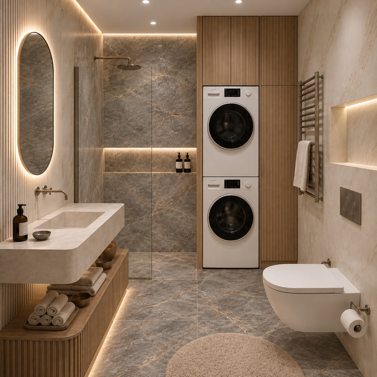 Doğal Meşe ve Mermer Dokulu Modern Banyo