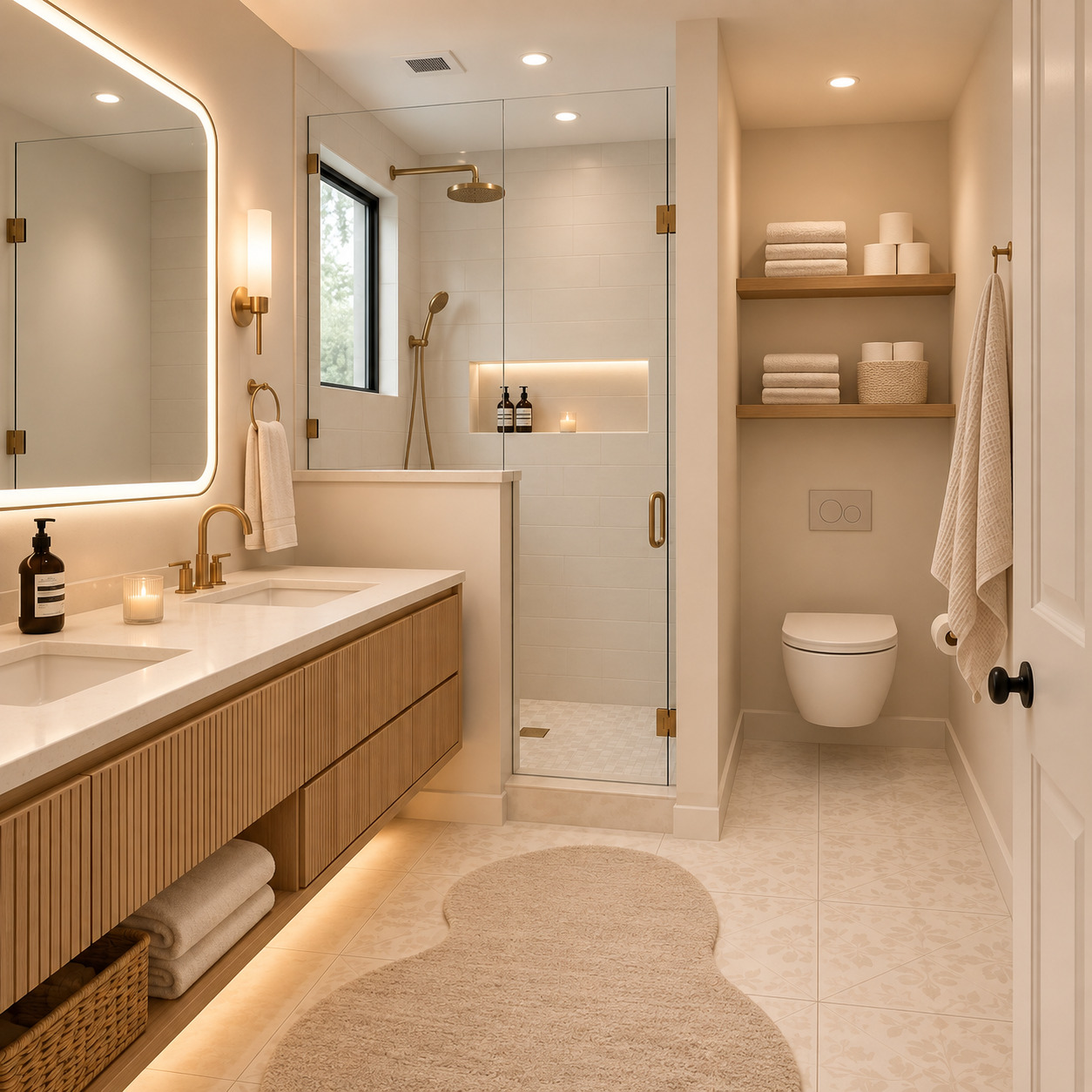 Modern Villa Banyosu | Açık Havlu Raflı Banyo Konsolu