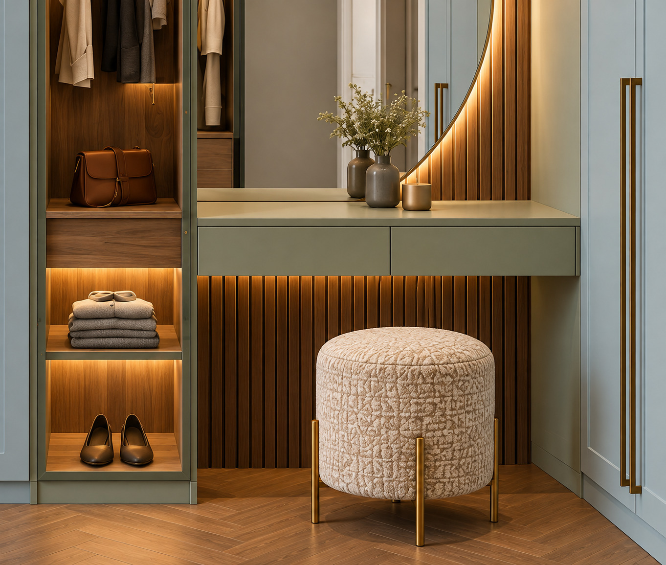 Wardrobe with Dressing Table | Powder-Blue Moulded Lacquer and Illuminated Oval Mirror